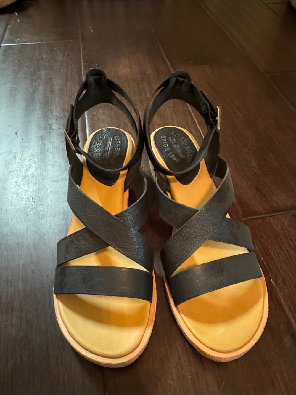 Kork-Ease Black Strappy Sandals with Yellow Footbed